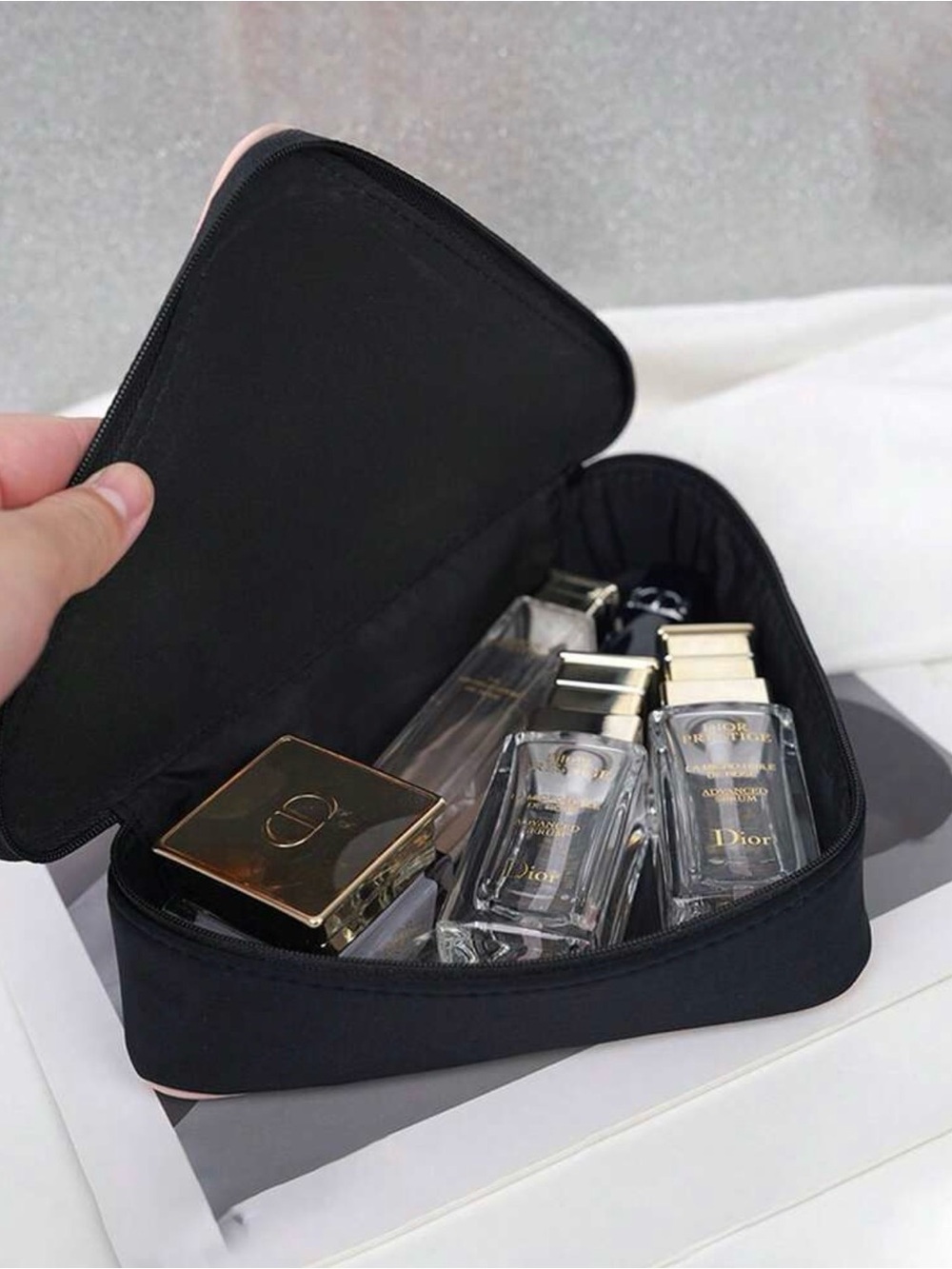 New Arrivals! Prada Beauty Pale Pink & Black Triangular Cosmetic Case . - Picture 2 of 10